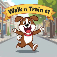 Cartoon dog with a 'Walk n Train #1' banner on a city street background