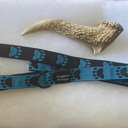 Dogtraining101 Black Adult Dog Premium Handle Fancy Black Paw - Blue 1.5m x 25mm Lead