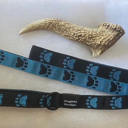 Dogtraining101 Black Adult Dog Premium Handle Fancy Blue Paw - Black 1.5m x 25mm Lead
