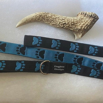 Dogtraining101 Silver Adult Dog Premium Handle Fancy Blue Paw - Black 1.5m x 25mm Lead