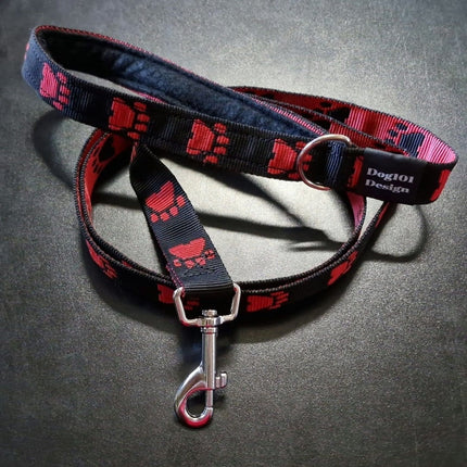 Dogtraining101 Silver Adult Dog Premium Handle Fancy Red Paw - Black 1.5m x 25mm Lead