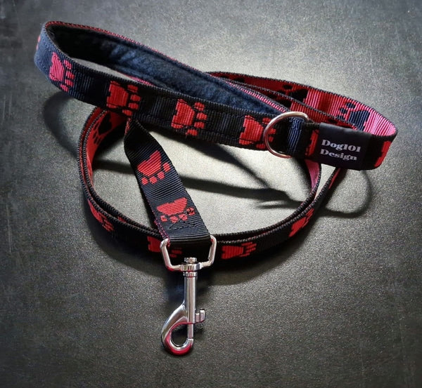 Dogtraining101 Silver Adult Dog Premium Handle Fancy Red Paw - Black 1.5m x 25mm Lead